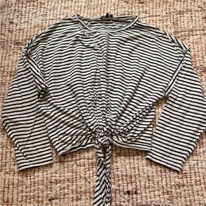 7 for all Mankind Striped Tie-Front Long Sleeve Top - Navy & White